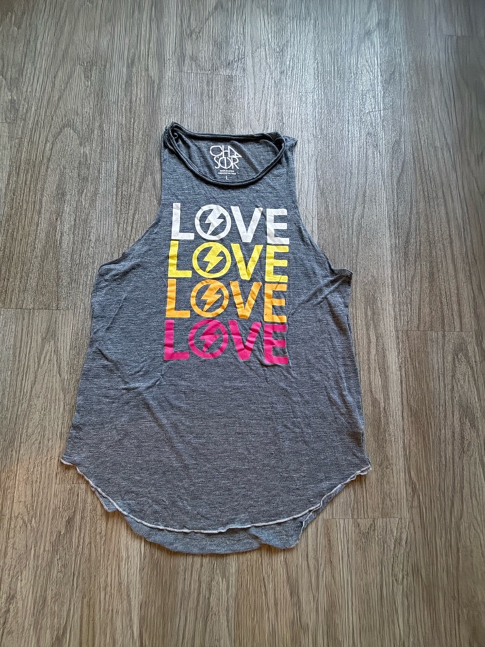 Chaser Gray Graphic 'LOVE' Tank with Yellow & Pink Lettering